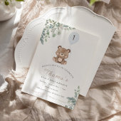 グリーンリーテディベアファースト誕生日ニュートラル 招待状