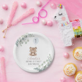 グリーンリーテディベアファースト誕生日 男女兼用 ペーパープレート (パーティー)