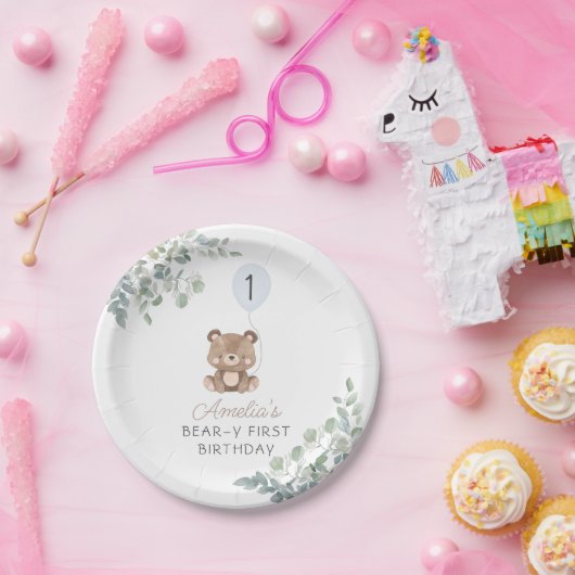 グリーンリーテディベアファースト誕生日 男女兼用 ペーパープレート (パーティー)