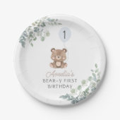 グリーンリーテディベアファースト誕生日 男女兼用 ペーパープレート (正面)