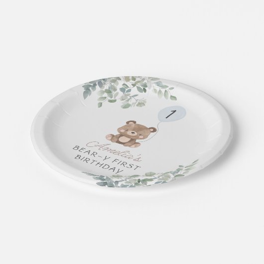 グリーンリーテディベアファースト誕生日 男女兼用 ペーパープレート (アングル)