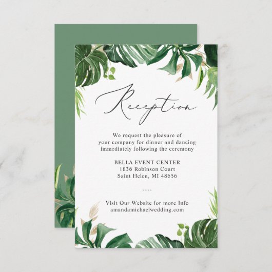 グリーンリートロピカルパーム離れズウェディングレセプション エンクロージャーカード (正面/裏面)
