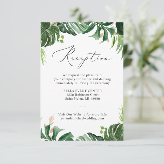 グリーンリートロピカルパーム離れズウェディングレセプション エンクロージャーカード (スタンド正面)