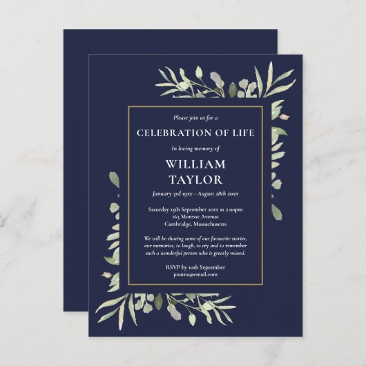 グリーンリーネイビーブルーお祝いオブライフ招待状 案内ポストカード (正面/裏面)