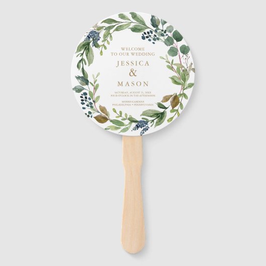 グリーンリーネイビー金ゴールドラウンド結婚式 プログラムファン ハンドファン (正面)