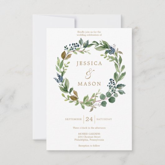 グリーンリーネイビー金ゴールド結婚式招待状カード 招待状 (正面)