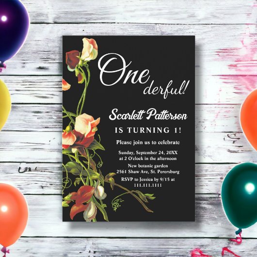 グリーンリーバーガンディバラブラックフローラ1st誕生日 招待状