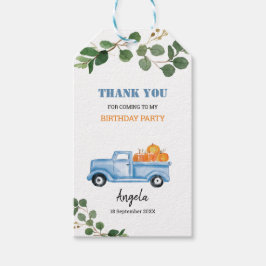 グリーンリーパンプキンブルートラックありがとうラベル。 ギフトタグ