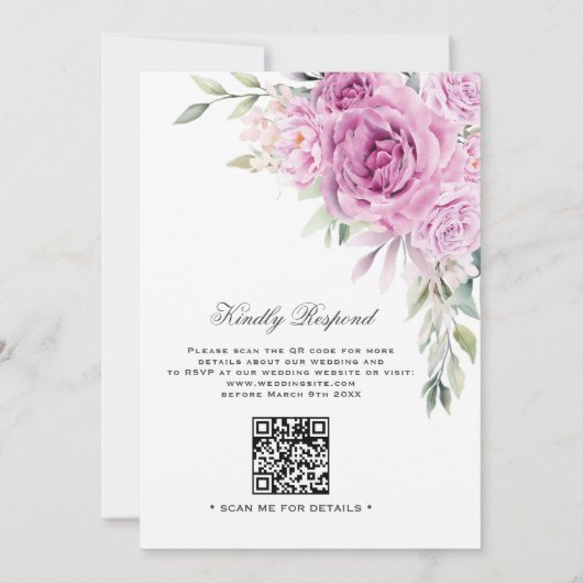 グリーンリーパープルフローラQRコードムスリム結婚ズ 招待状 (裏面)
