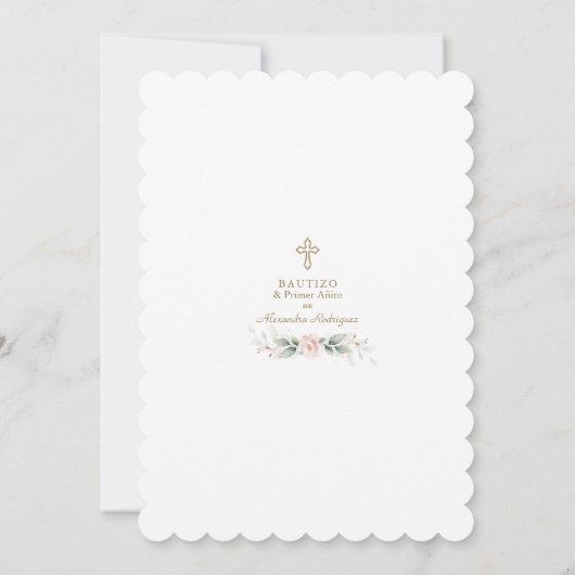 グリーンリーピンクスペインのフローラ1歳の誕生日バプテスマ 招待状 (裏面)