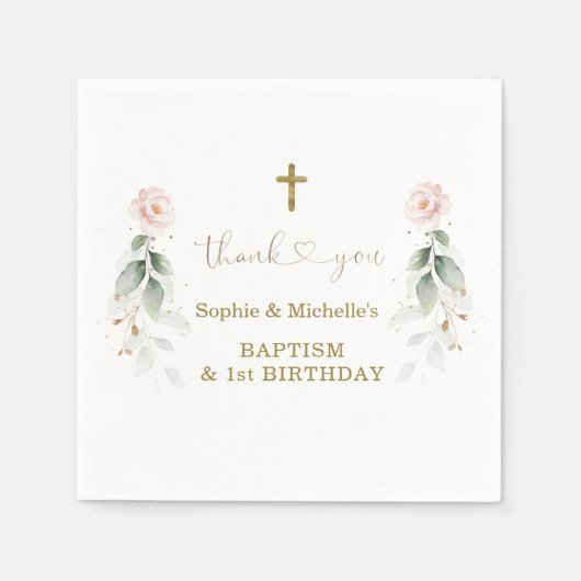 グリーンリーピンクフローラ金ゴールドバプテスマ1st誕生日 スタンダードカクテルナプキン (正面)