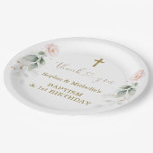 グリーンリーピンクフローラ金ゴールドバプテスマ1st誕生日 ペーパープレート (アングル)