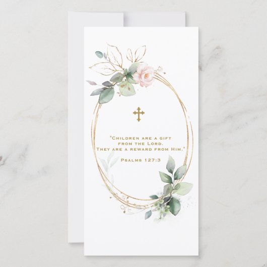 グリーンリーピンクフローラ金ゴールドフォト《キリスト教》洗礼式や命名式 サンキューカード (裏面)