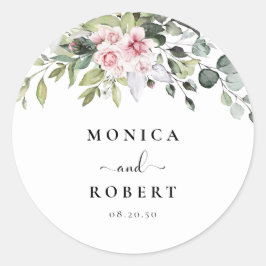 グリーンリーピンク結婚ローズのクラシックラウンドステッカー ラウンドシール
