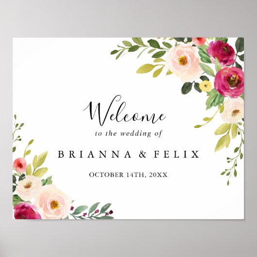 グリーンリーピンク赤面フローラ結婚のウェルカムサイン ポスター (正面)