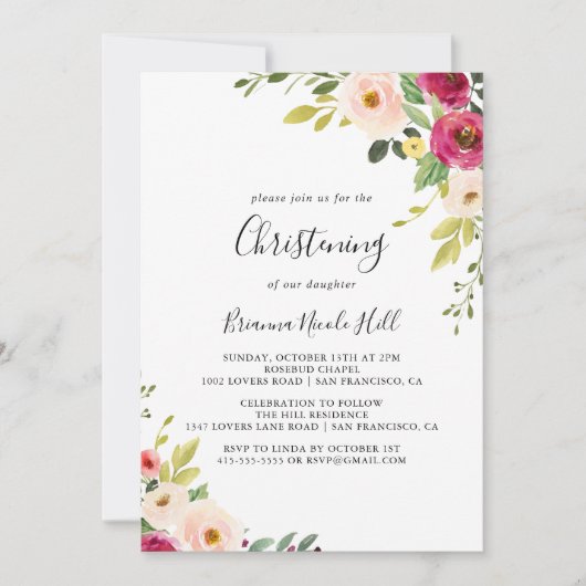 グリーンリーピンク赤面フローラ《キリスト教》洗礼式や命名式 招待状 (正面)
