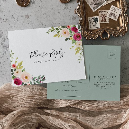 グリーンリーピンク赤面メニュー選択RSVPポストカード ポストカード