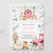 グリーンリーファームアニマルズ納屋周囲の庭ピンクガール誕生日 招待状 (正面)