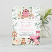 グリーンリーファームアニマルズ納屋周囲の庭ピンクガール誕生日 招待状 (スタンド正面)