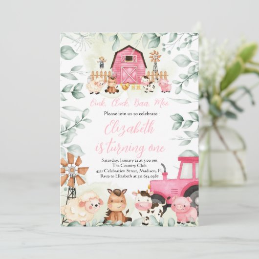 グリーンリーファームアニマルズ納屋周囲の庭ピンクガール誕生日 招待状 (スタンド正面)