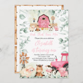 グリーンリーファームアニマルズ納屋周囲の庭ピンクガール誕生日 招待状 (正面/裏面)