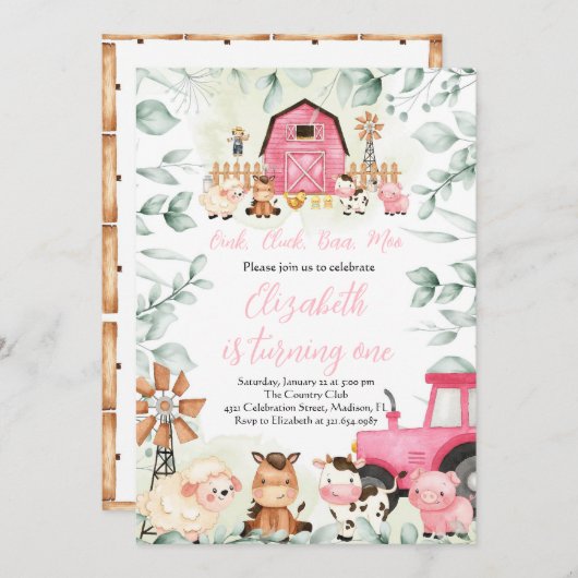 グリーンリーファームアニマルズ納屋周囲の庭ピンクガール誕生日 招待状 (正面/裏面)