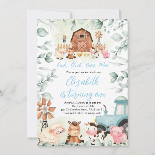 グリーンリーファームアニマルズ納屋周囲の庭ブルーボーイ誕生日 招待状 (正面)