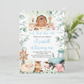 グリーンリーファームアニマルズ納屋周囲の庭ブルーボーイ誕生日 招待状 (スタンド正面)