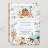 グリーンリーファームアニマルズ納屋周囲の庭ブルーボーイ誕生日 招待状 (正面/裏面)