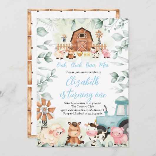 グリーンリーファームアニマルズ納屋周囲の庭ブルーボーイ誕生日 招待状 (正面/裏面)