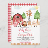 グリーンリーファームアニマルズ納屋周囲の庭ベビーシャワーインビタット 招待状 (正面/裏面)