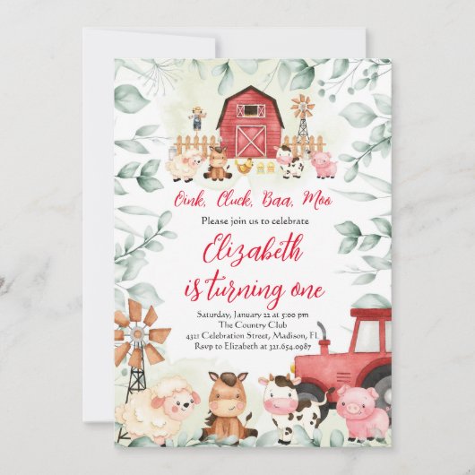 グリーンリーファームアニマルズ納屋周囲の庭レッドボーイ誕生日 招待状 (正面)