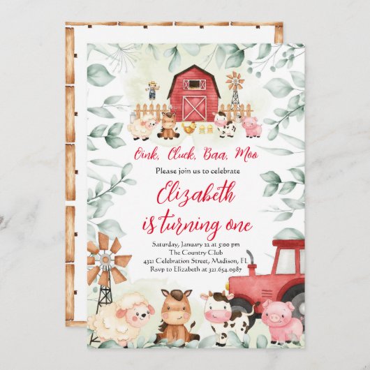 グリーンリーファームアニマルズ納屋周囲の庭レッドボーイ誕生日 招待状 (正面/裏面)