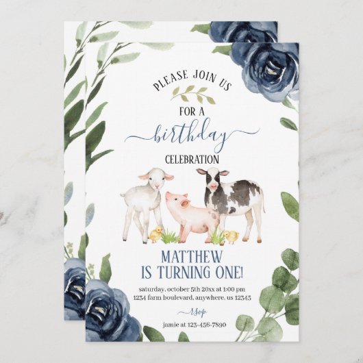 グリーンリーファーム誕生日招待状と花 招待状 (正面/裏面)