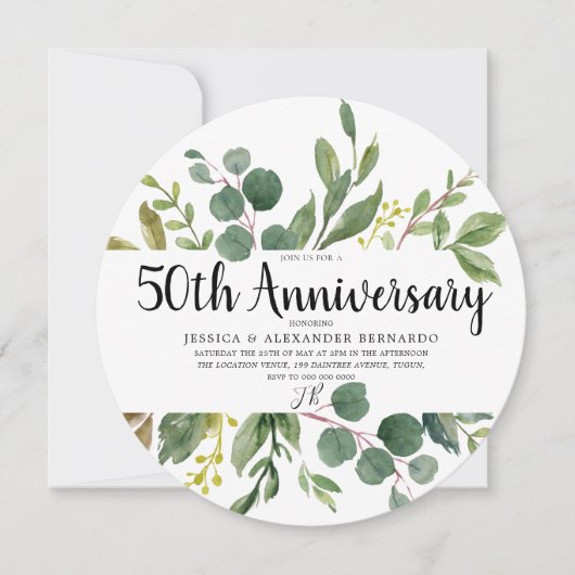 グリーンリーフウォーターカラー50周年結婚記念日 招待状 (正面)