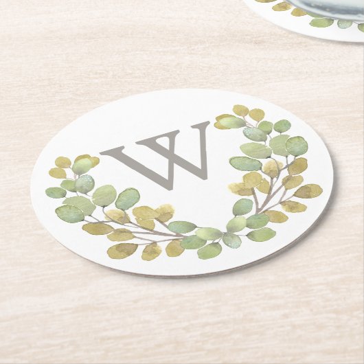 グリーンリーフシンプルモノグラムの紙コースター ラウンドペーパーコースター (アングル)