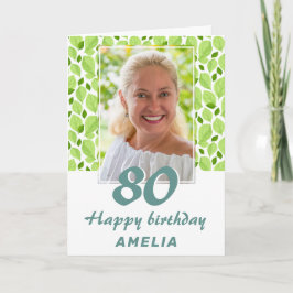 グリーンリーフパターンボタニカル80誕生日写真 カード
