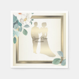 グリーンリーフフラワーゴールドフレーム結婚式パーティー スタンダードカクテルナプキン