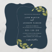 グリーンリーフボタニカルネイビーウェディング招待状 招待状 (正面/裏面)