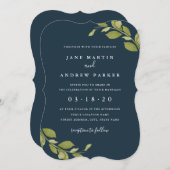 グリーンリーフボタニカルネイビー結婚式招待状 招待状 (正面/裏面)