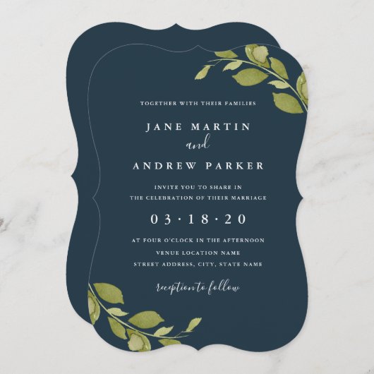 グリーンリーフボタニカルネイビー結婚式招待状 招待状 (正面/裏面)