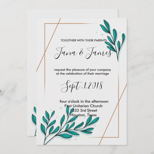 グリーンリーフローラゴールドフォイル葉ズ 招待状 (正面/裏面)