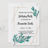グリーンリーフローラゴールドフォイル葉誕生日 招待状 (正面)