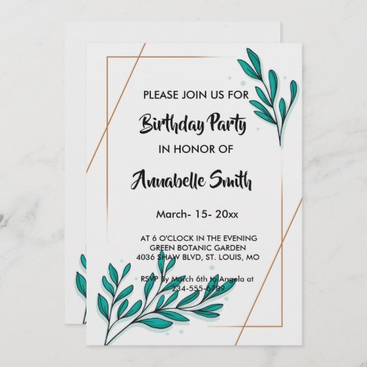 グリーンリーフローラゴールドフォイル葉誕生日 招待状 (正面/裏面)