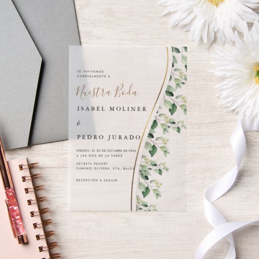 グリーンリーフローラヌエストラスペインのボダ結婚ズ ベラム紙招待状 (ウェディング)