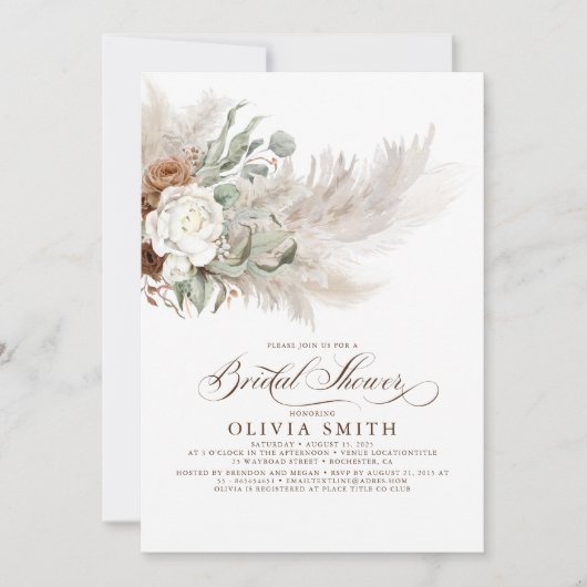 グリーンリーフローラパンパスグラスボホブライダルシャワー 招待状 (正面)