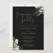 グリーンリーフローラブラックおよび金ゴールド婚約パーティ 招待状 (正面)