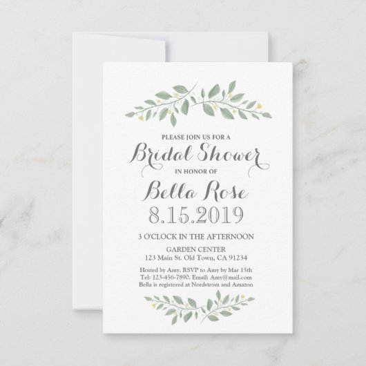 グリーンリーフローラミニマルブライダルシャワー招待状 招待状 (正面)