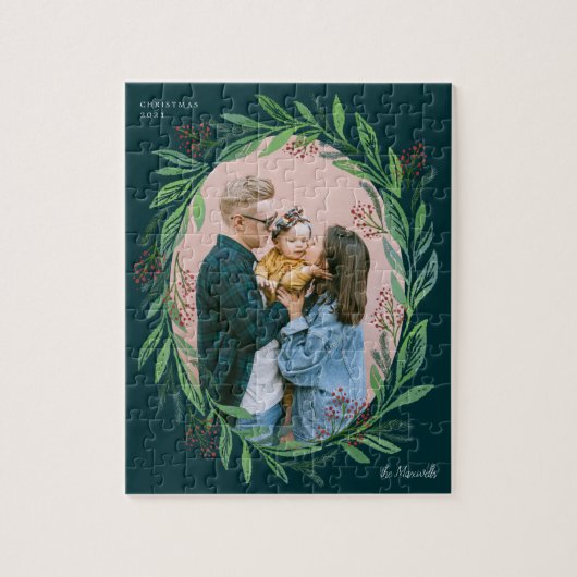 グリーンリーフ図解入りの、写真付きのリースフォトフレームホリデー ジグソーパズル (縦)