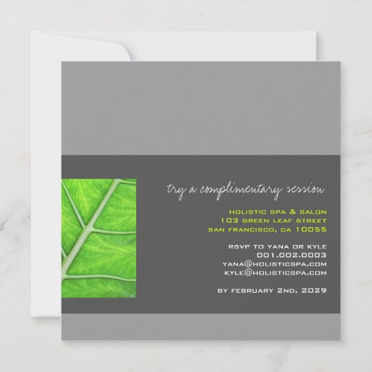グリーンリーフ自然ホリスティックスパフォトパーティー招待状 招待状 (裏面)